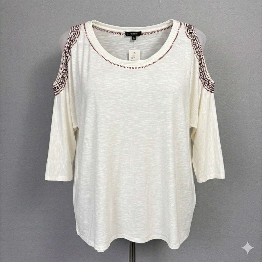 NWT Lane Bryant Top 18/20 Embroidered Open Shoulder Cream Stretch Boho Peasant